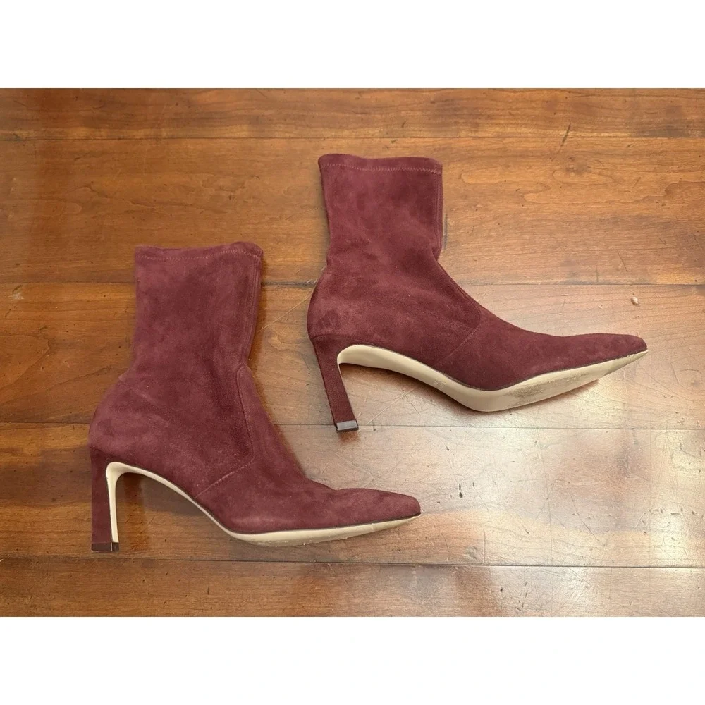 Stuart Weitzman Rapture Suede Sock Boots Burgundy Ankle Booties Size 5M Spain